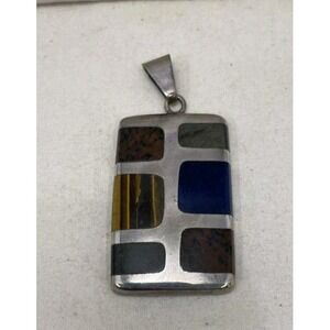 Quintin V Taxco Mexico Sterling Silver Semi Precious Inlay Modernist Pendant